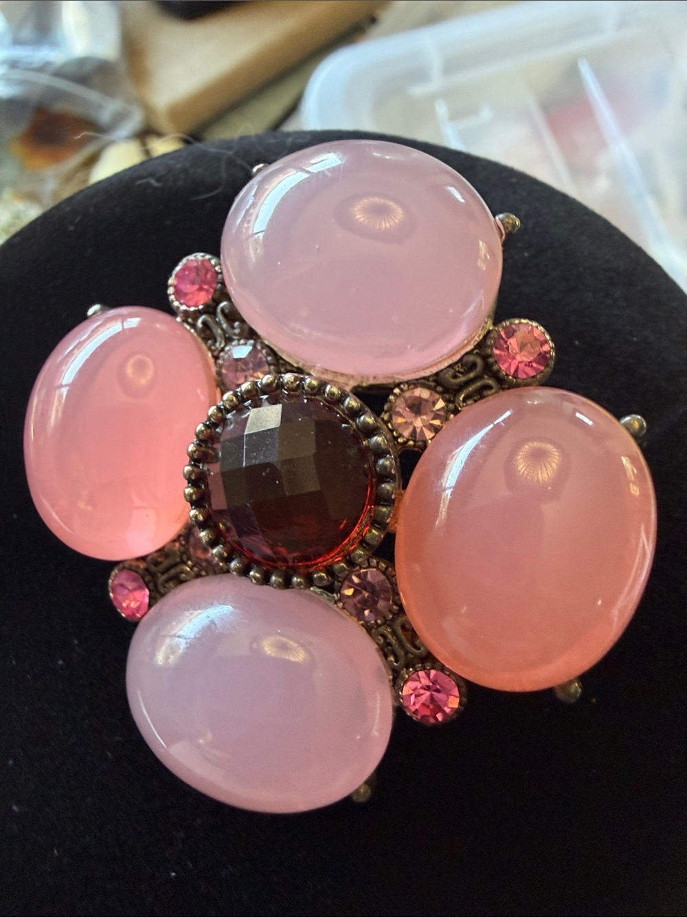 VINTAGE Adorable Pink Cabochon Floral Statement Brooch - Women Jewelry